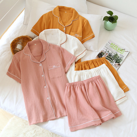 Japanese summer couple pajamas suit cotton crepe ladies solid color simple short-sleeved shirt shorts pajamas men's home service ► Photo 1/6