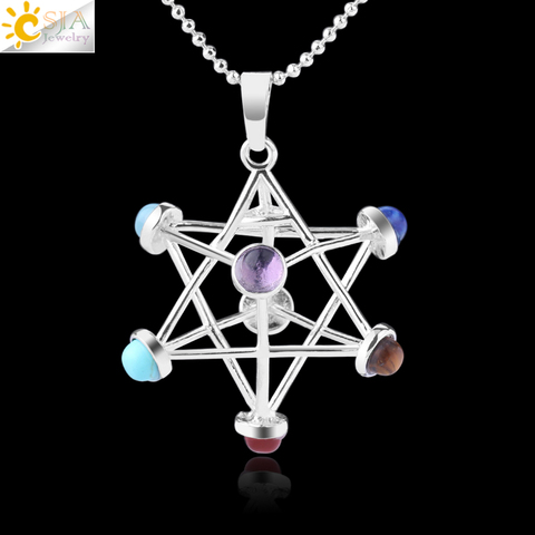 CSJA Merkaba Chakras Pendants Natural Stone Reiki 7 Chakra Necklaces Healing Hollow Star Point Women Men Necklace Pendulo F766 ► Photo 1/6