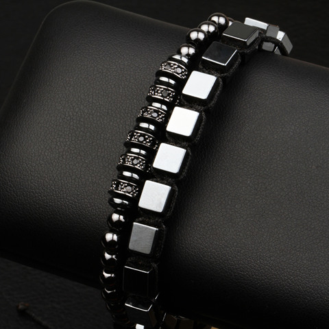 2Pcs New Classic Men Women Set Bracelet Fashion Square Hematite Wave Bangle And Micro Setting Accessories For Top Grade Jewelry ► Photo 1/6