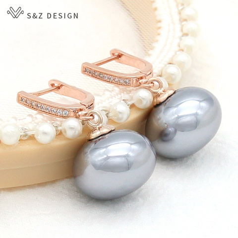 S&Z DESIGN Korean Trend Big Simulation Pearl Dangle Earrings Rose Gold Cubic Zirconia Earrings For Women Wedding Jewelry Gift ► Photo 1/6