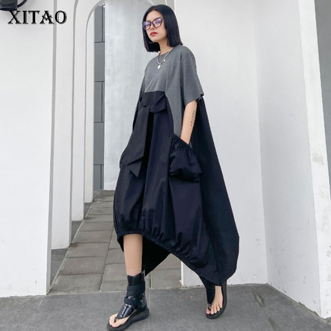 XITAO Irregular Pleated Hit Color Dress Plus Size Loose Covering Belly Pullover Short Sleeve Elegant Dress 2022 Summer  XJ4818 ► Photo 1/6