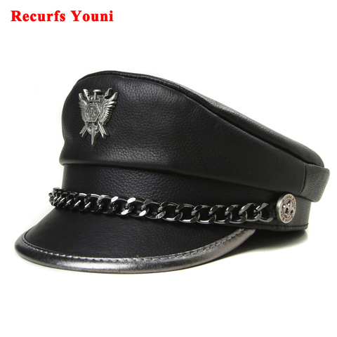 Novelty Winter Men‘s Genuine Leather Hat Male Flat Top Badge Locomotive Retro Military Caps Students Punk Cortical Chain Gorra ► Photo 1/6