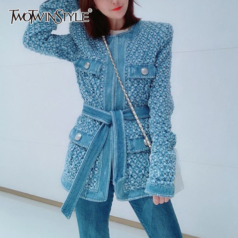 TWOTWINSTYLE Vintage Blue Denim Jacket With Belt Waisted Ripped Hole Women Coat 2022 Autumn Long Sleeve Pockets Streetwear New ► Photo 1/6