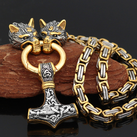 Men stainless steel Wolf head norse viking amulet thor hammer pendant necklace viking king chain ► Photo 1/6