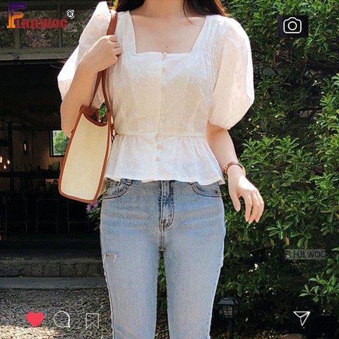 Embroidery Cute Chic Tops Hot Women Summer Korea Japan Style Design Slim Waist White Button Shirt Blouse Flhjlwoc Vintage ► Photo 1/6