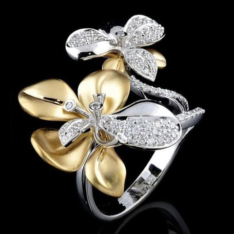 Fashion Gold Silver Color Mixing Flower Engagement Ring Micro Pave Crystal Wedding Rings for Women Unique Jewelry Anillos Mujer ► Photo 1/2