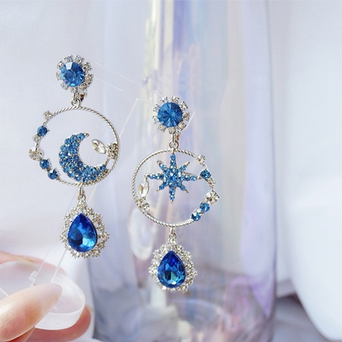 MENGJIQIAO Korean New Fashion Elegant Moon Star Bule Rhinestone Drop Earrings For Women Girls Waterdrop Crystal Brinco Jewelry ► Photo 1/6