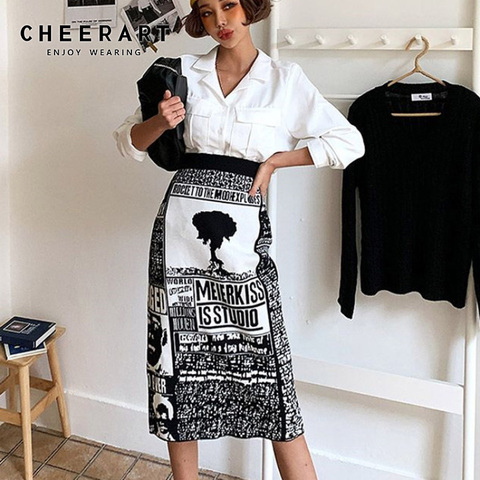 CHEERART Knitted Skirt Women Winter Newspaper Print Wrap Sweater Skirt Elastic High Waist Warm Ladies Skirt Knee Length 2022 ► Photo 1/5