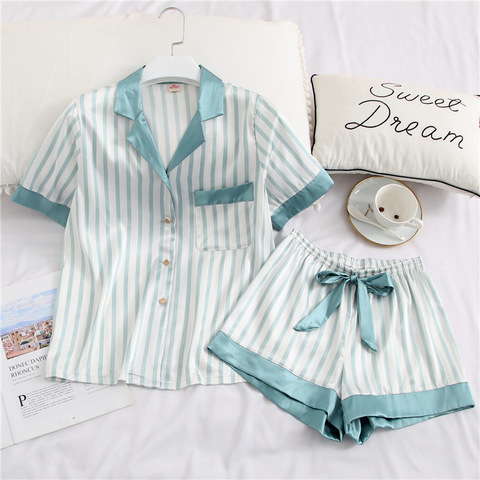 QWEEK Cute Womens Pajamas Silk Two Piece Set Sleepwear Satin Pijama Pyjama Short Sleeve Shirt + Shorts Homewear Night Suits ► Photo 1/6