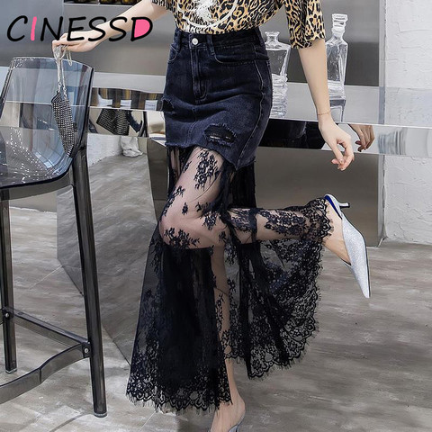 Sexy Mesh Womens Tulle Skirts 2022 Summer High Waist Long Black Jeans Skirt Mesh Tutu Pleated Denim Patchwork Midi Skirt Saias ► Photo 1/6