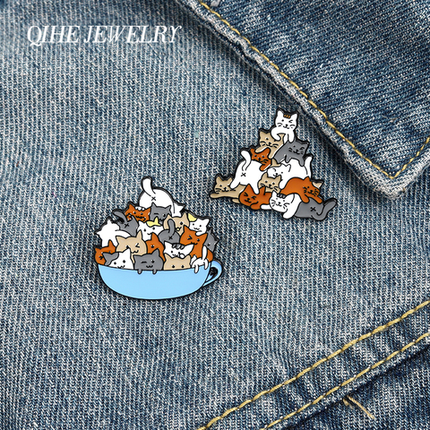 A bunch of cats in cup Enamel Lapel Pins Cartoon Mini Cat Brooches Badges Fashion Animal Pins Gifts for Friend Jewelry Wholesale ► Photo 1/6