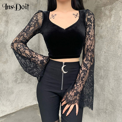 InsDoit Vintage Gothic Velvet Lace Tops Harajuku Sexy See Through Long Sleeve Crop Top Women Autumn Elegant Aesthetic Basic Tops ► Photo 1/6