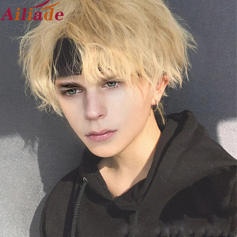 AILIADE Short Curly Cosplay Men Boy Party Light Yellow Synthetic Heat Resistant Hair Wigs Men's Breathable Wig ► Photo 1/6