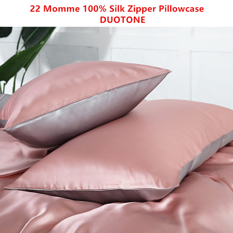 22MM 100% Mulberry Silk Zipper Pillowcase  Fashion Soft Pillow Case Duotone Style Color Pink and Silver ► Photo 1/2
