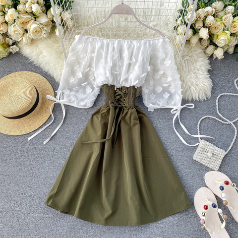 2022 Sexy Off Shoulder patchwork Summer Short Dress Party flower chiffon Slim waist lace up Women casual A-Line beach dress ► Photo 1/6