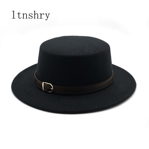 New Retro Winter Autumn women men Top hat Imitation Woolen Felt Fedora Hats Belt buckle Decorated ladies Boater Hat flat brim ► Photo 1/6