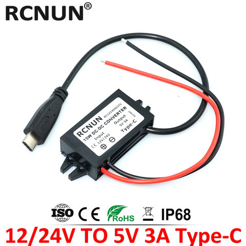 RCNUN 8-32V 12V 24V to 5V 3A DC DC Step Down Converter 15W Type-C USB Buck Power Supply Charger for Mobile Phone iPad Charging ► Photo 1/6