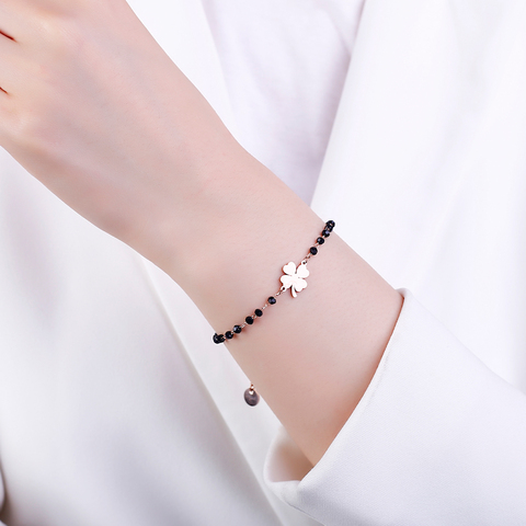 Rose Gold Clover Stainless Steel Charm Bracelets Women's Black Crystal Beads Chain Bracelet Fashion Jewelry 2022 Joyas de mujer ► Photo 1/6