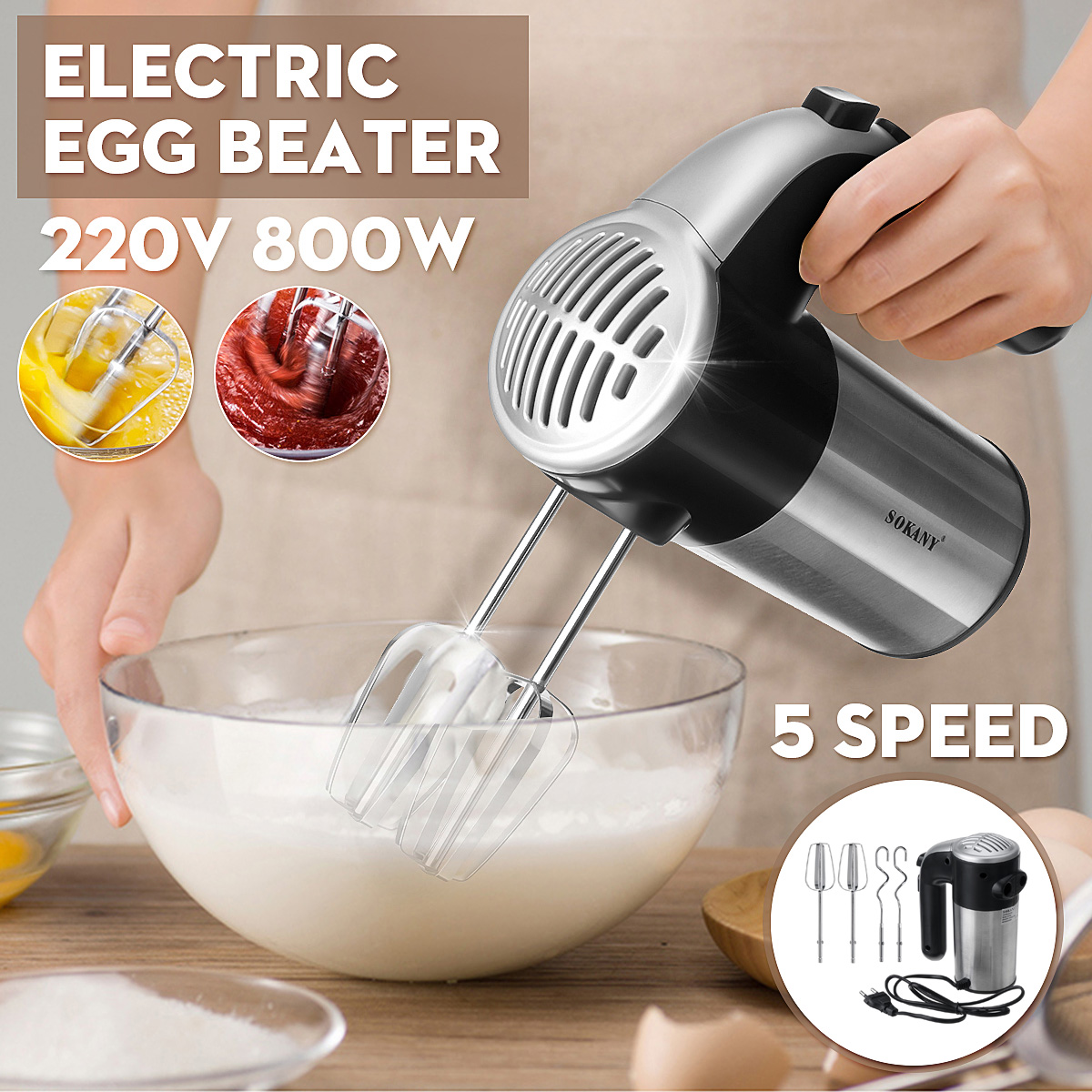 800W High Power Electric Food Mixer Dough Blender Egg Beater Spiral Whisk  Cream Mixer For Household Kitchen Cooking Tools