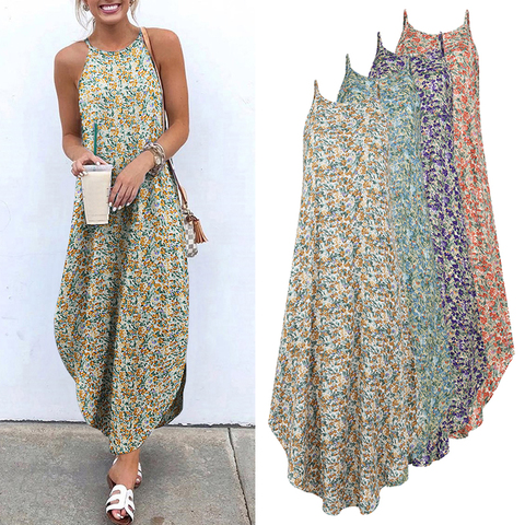 Printed Maxi Dresses VONDA Bohemian Sexy Sleeveless Sundress Women Causal Halter Summer Beach Dress Asymmetric Long Dresses 5XL ► Photo 1/6