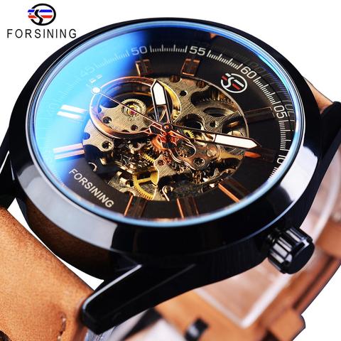 Forsining Blue Light Glass Mens Casual Sport Watch Genuine Leather Military Automatic Men's Wrist Watch Skeleton Luminous Clock ► Photo 1/6