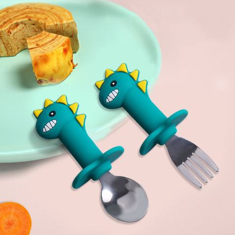 Baby Feeding Spoon Fork Set Silicone Handle Cartoon Dinosaur Tableware Infant Heat-Resistant Stainless Steel Spoon Head Cutlery ► Photo 1/6