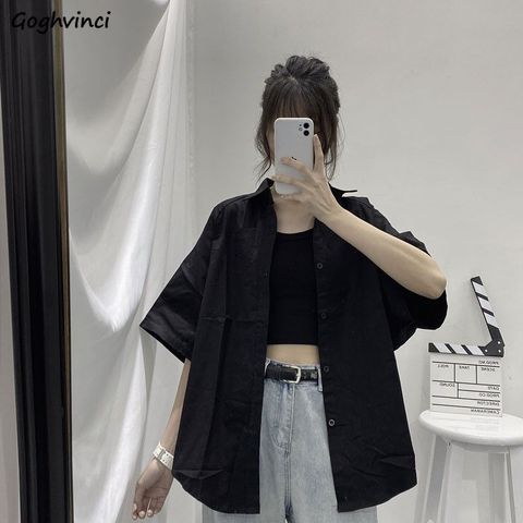 Blouses Shirts Three Quarter Sleeve Women Summer Solid Ulzzang Black Outwear Tops All-match Ins Retro Womens Fashion Students ► Photo 1/6