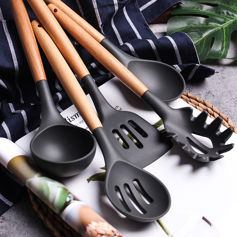 Silicone Spatula Utensils Turner Heat-resistant Soup Spoon Non-stick Spatula Shovel Wooden Handle Cooking Shovel Kitchen Tool ► Photo 1/6