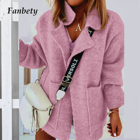 Women Elegant Solid Color Knitted Sweater 2022 Winter Autumn Long Sleeve Thick Sweaters Ladies Turn-Down Collar Cardigan Tops XL ► Photo 1/6
