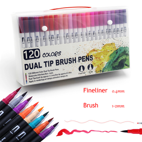100 Pcs Color Brush Marker Pens Dual Tip Colored Brush Pen 0.4