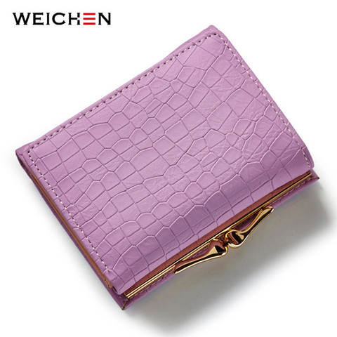 WEICHEN Clasp Lock Three Fold Crack Leather Wallet Women Small Coin Purse Card Hold Mini Change Purse Blue Female Wallets Hot ► Photo 1/6