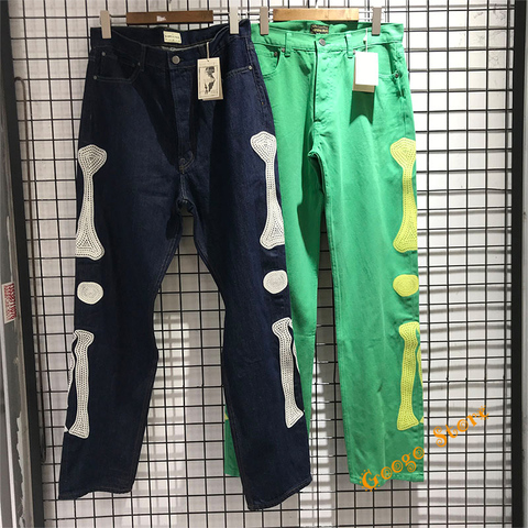 High Quality Hip-Hop Bone Embroidery KAPITAL Jeans Men Women Fashion Green Gray Denim Pants Oversize KAPITAL Cargo Jeans ► Photo 1/6