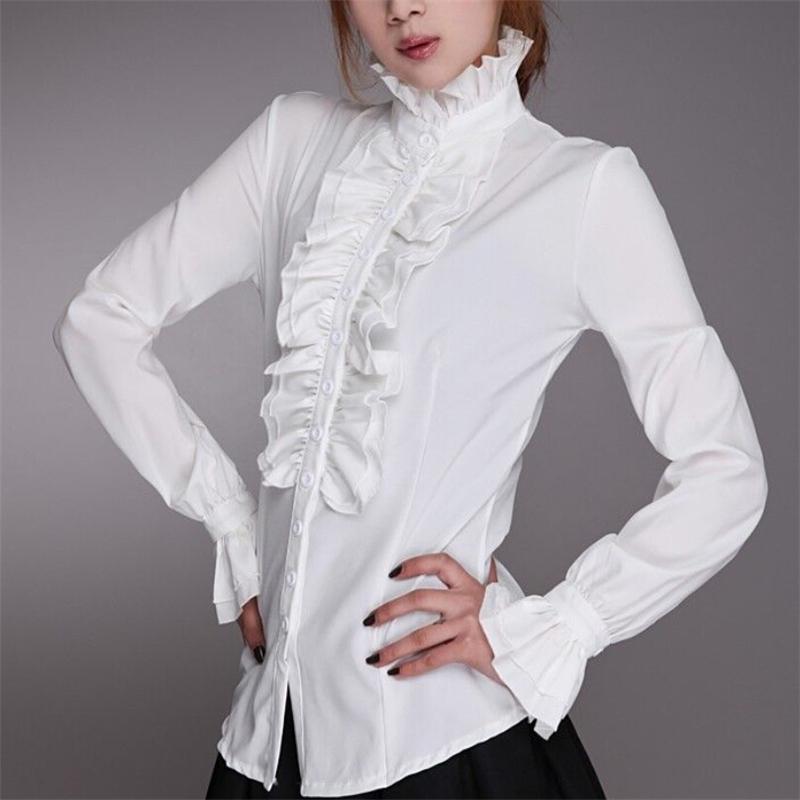 Fashion Victorian Women OL Office Ladies White Shirt High Neck Frilly Ruffle Cuffs Shirts Female Blouse Cuffs Blouse Autumn ► Photo 1/6