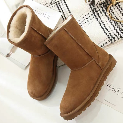 Women's Snow Mid-Calf Waterproof Boots Winter Ladies Warm Cowhide Leather Suede Brown Booty Non-slip Cozy Shoes ► Photo 1/6