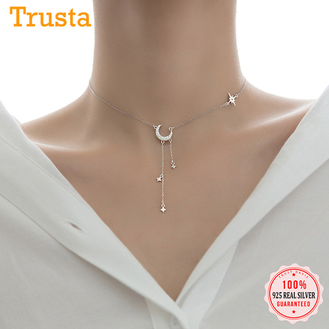 Trustdavis Genuine 925 Sterling Silver  Moon Tassel Star Pendant Short Necklace for Women Wedding S925 Necklace Jewelry DA1027 ► Photo 1/6