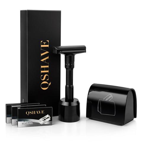 QShave Luxurious Black Adjustable Safety Razor kit  Men's Shaving kit Holder + Razor + Blade Disposal Case +15 Blades set ► Photo 1/6