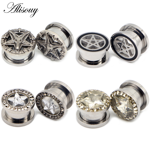 Alisouy 2pcs Pentagram Stainless Steel Double Flared CZ Star Ear Tunnel Flesh Plugs Orelha Gauges Earrings Body Piercing Jewelry ► Photo 1/6