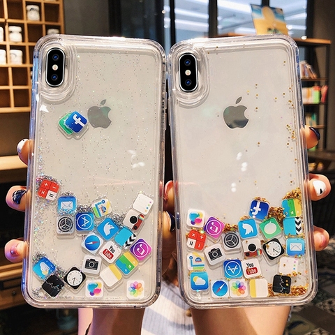 5G 5S 6S APP Cute Amusing Mobile apps Icon pattern phone Case cover For iphone 11 Pro max 7G  X Glitter Liquid Quicksand Cases ► Photo 1/6