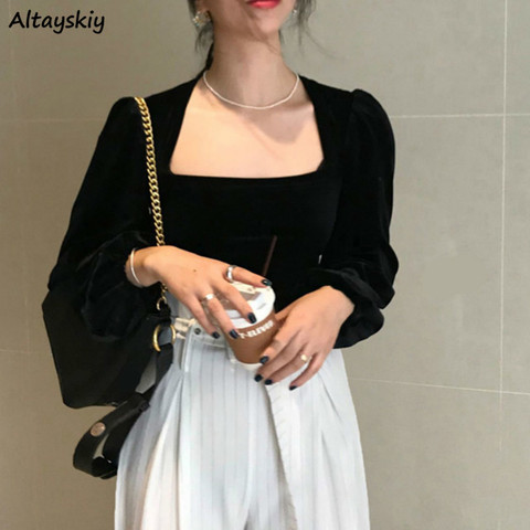 Shirts Women Solid Puff Sleeve Stylish Blouses Vintage Retro Simple Chic Velour Slim Womens Basic Long Sleeves Popular New Soft ► Photo 1/6