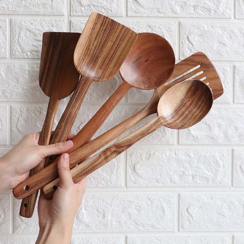 12 Shape Natural Wood Spoon Ladle Long Rice Soup Cooking Spoons Stirring Spoon Solid Wood Dessert Spoon Cookware Parts ► Photo 1/6