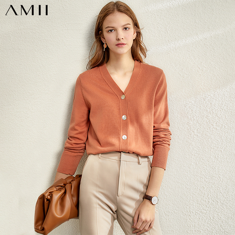 AMII Minimalism Women  Autumn Winter Solid Knitted Sweater Tops Fashion Causal Vneck Full Sleeve Loose Female Cardigan 12030003 ► Photo 1/6