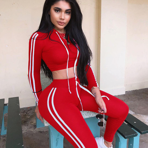 Fitness Casual 2 Piece Set Tracksuit Women Side Striped Hoodies Cropped Tops and Pants Jogger Two Piece Outfits Chandal Mujer ► Photo 1/6