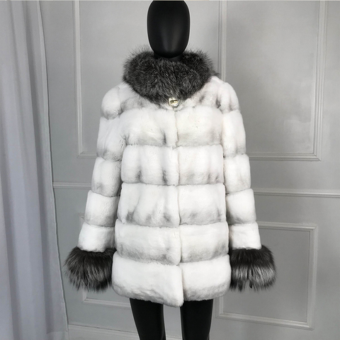 Winter Women Natural sliver fox Fur Coat Thick Warm middle long Real Rex Rabbit Fur Coat Warm Fur Jacket with sliver fox fur col ► Photo 1/6