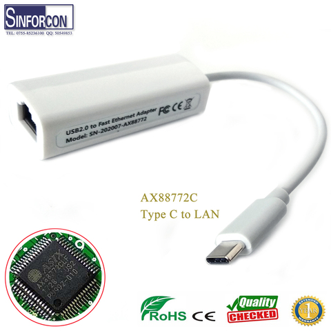 AX88772 TYPE C to LAN cable 100M mobile ethernet adapter white color free driver ► Photo 1/6