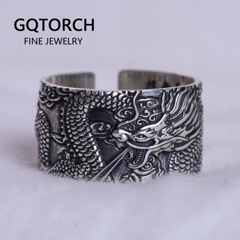 Real 999 Pure Silver Mens Biker Rings With Flying Dragon Vintage Punk Style Heart Sutra Engraved Buddhism Animal Jewelry ► Photo 1/6