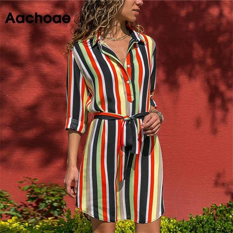 Aachoae Long Sleeve Shirt Dress 2022 Summer Boho Beach Dresses Women Casual Striped Print A-line Mini Party Dress Vestidos ► Photo 1/6