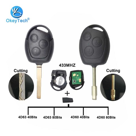 OkeyTech Car Remote Key for Ford Focus 2 Fiesta Transit Mondeo 433Mhz 4D63 4D60 40 80 Bits Chip HU101 FO21 Cutting Blade Service ► Photo 1/5