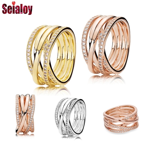 Seialoy Rose Gold Twine Rings For Women Girls Original Fine Rhinestone Couple Stackable Wedding Jewelry Anniversary Rings ► Photo 1/6