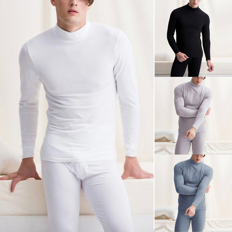 Hot Sale Men Thermal Underwear Solid Color Long Autumn Winter Turtleneck Tops+Pants Set Warm Thick Casual Fashion 2XL ► Photo 1/6