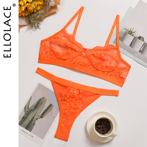 Ellolace Sexy Lingerie Women's Underwear Lace Wireless Bralette Transparent Hollow Out 15 Color Bra Panty Set Underwear Set ► Photo 1/6